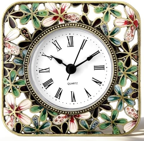 Kenning Vintage Mini Table Clock, 3.5 Inch Small Decorative Metal Non Ticking Analog Quartz Battery Operated Table Top Clock for Living Room Bedroom Bedside Desk Decor(Flower) by Kenning