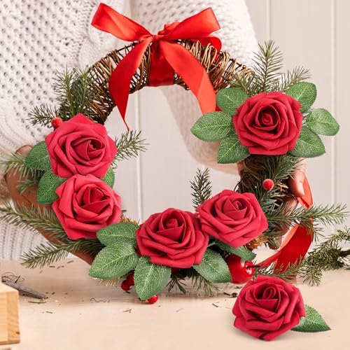 Mocoosy 50 Pcs Artificial Flowers Red Roses Bulk, Real Looking Foam Fake Roses with Stems Bulk DIY Wedding Bouquet Floral Arrangement Bridal Shower Centerpieces Party Home Table Decorations - Image 4