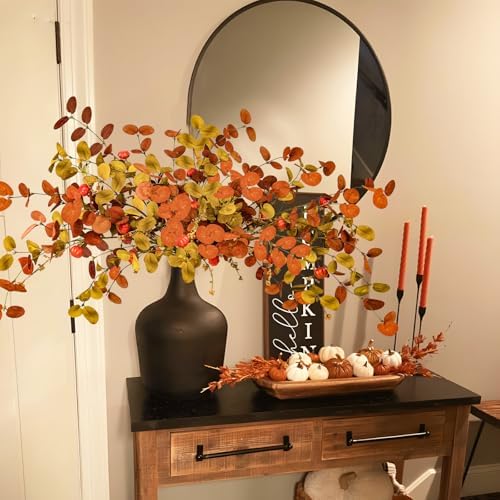 Uieke 8PCS Artificial Fall Eucalyptus Stems, 28inch Fall Eucalyptus Leaves Branches with Orange Pumpkins Long Stems Fall Decorations for Home Autumn Florals Arrangement Thanksgiving Decor - Image 6