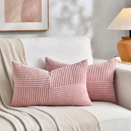 Fancy Homi 2 Packs Blush Pink Long Lumbar Decorative Throw Pillow Covers 12x24 Inch for Couch Bed Sofa, Rustic Farmhouse Boho Home Decor, Soft Striped Corduroy Rectangle Accent Cushion Case 30x60 cm by Fancy+Homi