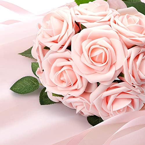 Mocoosy 50Pcs Artificial Roses Flowers, Blush Pink Roses Artificial Flowers Foam Fake Roses with Stem for Wedding Bridal Bouquets Party Centerpieces Artificial Flowers Crafts DIY Home Decoration - Image 3