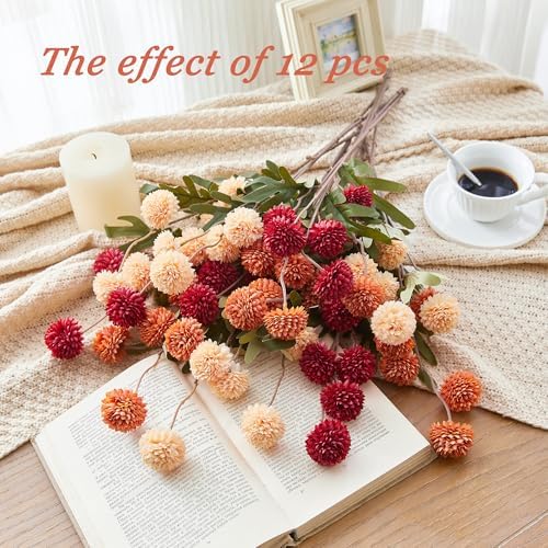 SITUMEIZI Orange Fake Silk Pompon Mums Artificial Fall Flowers with Stems - Image 4