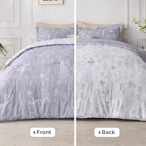 Bedsure Floral Comforter Set Cute Bedding Set Queen Reversible Lavender - Image 3