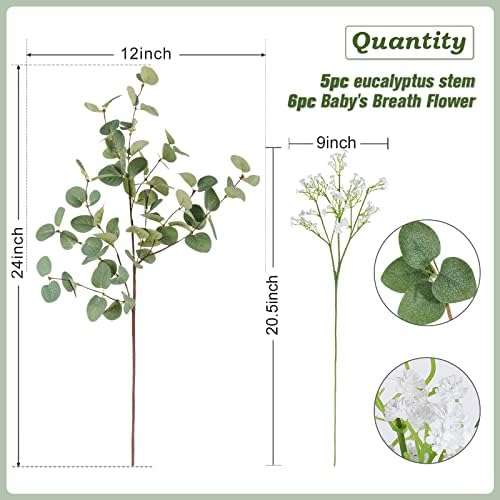 Beferr 5pcs Eucalyptus Stems & 6pcs Babys Breath Artificial Flowers Faux Greenery Bouquets for Wedding Table Centerpiece Home Decor - Image 2