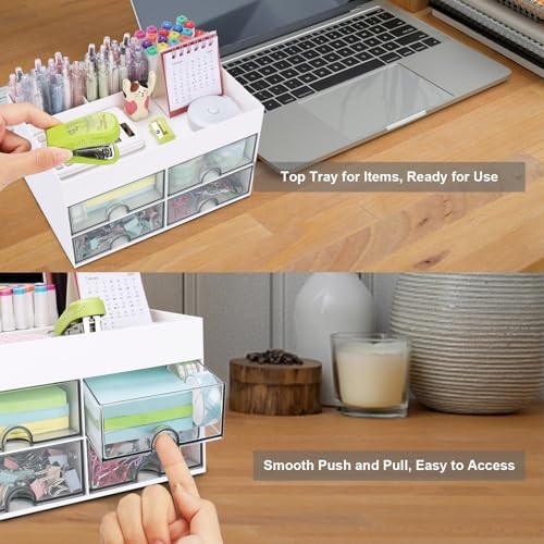 Meiikun Desk Organizer, Office Organizer with Drawer, Desk Accessories & Workspace Organizers, Pen Holder Office Supplies for Desk (4 Drawers+4 Compartments, White) - Image 6