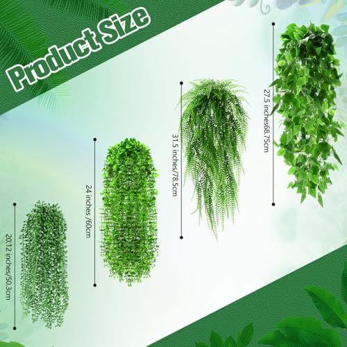 Daifunli 16 Pcs Artificial Hanging Plants Fake Hanging Ferns Plastic Faux Plants for Wall Room Garden Garland Indoor Outdoor Decor No Basket (Boston,Eucalyptus,Ivy Vine,String of Pearls) - Image 2