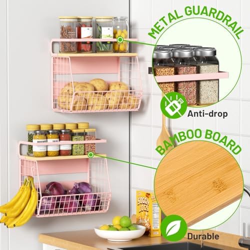 Magnetic Shelf for Fridge with Wood Lid, Fruit Potato and Onion Storage Bins, Pantry Organizers & Storage, Large Container Magnetic Spice Rack for Refrigerator, Kitchen Counter, Cabinet (Pink, 1) - Image 2