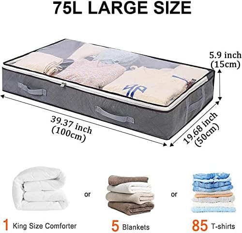 Under Bed Storage Containers, 4-Pack Large Capacity Underbed Storage Bags Organizer, Thick Fabric Storage Bins with Clear Window and Handles for Blanket, Comforter, Bedding, Clothes, Gray - Image 2