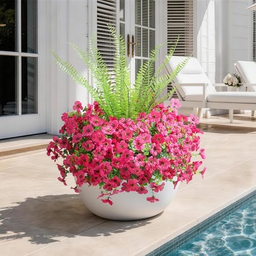 HyeFlora Artificial Faux Outdoor Flowers Plants for Spring Summer Decoration, 14 Bundles Fake Silk Colorful Daisy Ferns UV Resistant Realistic for Home Porch Patio Yard Window Box (Hot Pink) - Image 7