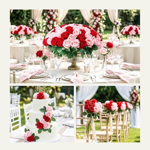 Auihiay 60PCS Artificial Roses, Pink and Red Roses, Velvet Silk Roses - Image 3