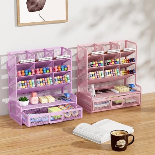 Marbrasse Larger Mesh Desk Organizer with Drawer, Multi-Functional Pen Pencil Holder, Easy Assembly, Desk Organizers and Accessories for Office Art Supplies (Purple) - Image 5