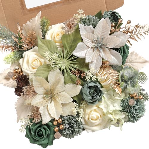rongflower Christmas Artificial Flowers Greenery Combo Box Set Silk Flowers Fake Rose for DIY Christmas Red Theme Decoration Tree Ornaments, Xmas Wreath Floral Arrangements Party by rongflower
