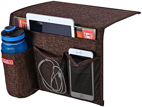 Zafit Linen 4 Pockets Bedside Caddy, Bedside Storage Organizer for Magazine, Remotes, Phone (Coffee) - Image 2