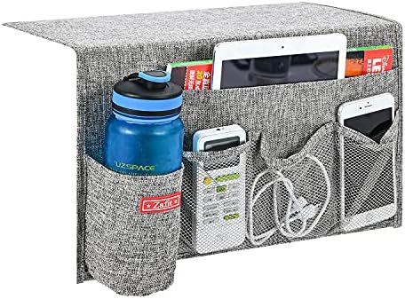 Zafit Linen 5 Pockets Bedside Caddy, Bedside Storage Organizer with Water Bottle Holder for Magazine, Remotes, Phone (Grey) by ZAFIT
