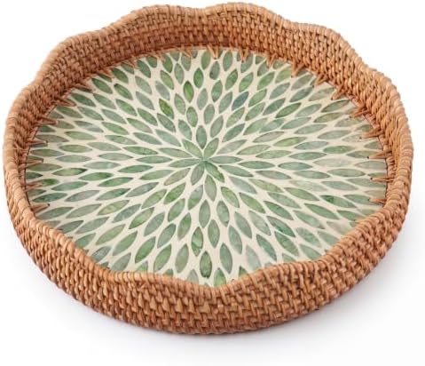12 Inch Round Rattan Tray Mother of Pearl Inlay, Leaf Style by Unknown