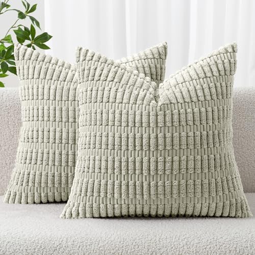 MIULEE Corduroy Decorative Throw Pillow Covers 18x18 Light Green Pack of 2 by MIULEE