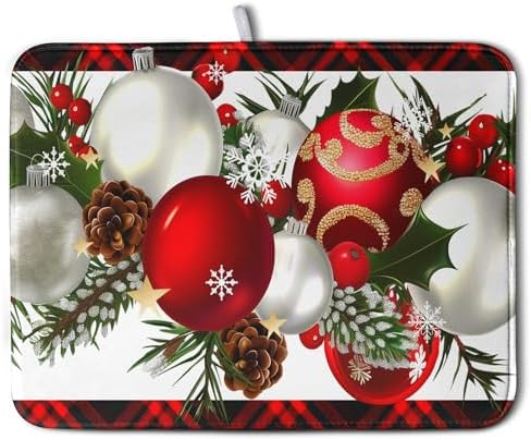Christmas Red Buffalo Plaid Dish Drying Mat for Kitchen Counter 16x18 Inch Winter Xmas Ball Snowflake Pine Cones Dishes Drying Mat Microfibe Super Absorbent Dish Rack Pad for Coffee Bar Sinks by Kwlegh