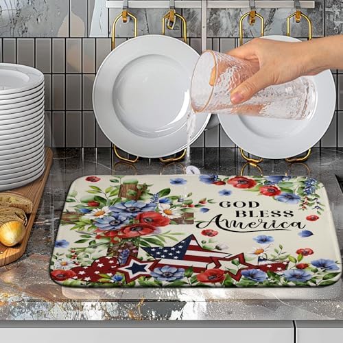 4th of July Drying Mat for Kitchen Counter Patriotic Floral Cross Stars Dish Drying Pad Independence Day Absorbent Microfiber Washable Dish Draining Mat Extra Large 16"x18" - Image 5