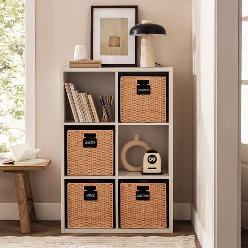 UBBCARE 2 Pack Wicker Basket, 13×13 Storage Cubes with Label, Foldable Cube Storage Bin with Handle, Square Storage Basket for Shelves, Woven Paper Rope Basket for Organizing, Caramel - Image 5