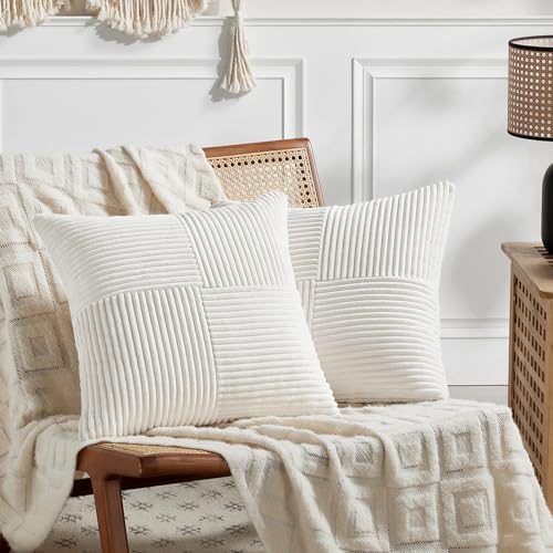 Fancy Homi 2 Packs Cream White Euro Decorative Throw Pillow Covers 28x28 Inch for Couch Bed Sofa, Farmhouse Boho Home Decor, Soft Corss Corduroy Patchwork Textured Square Cushion Case 71x71 cm by Fancy+Homi