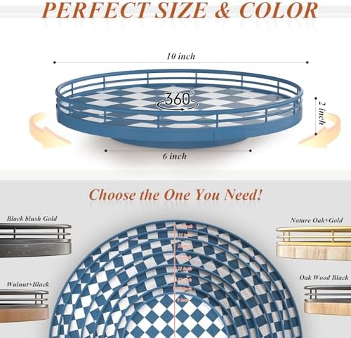 Blue and White Checkerboard Lazy Susan with Rubberwood Base and Metal Rail - Image 6