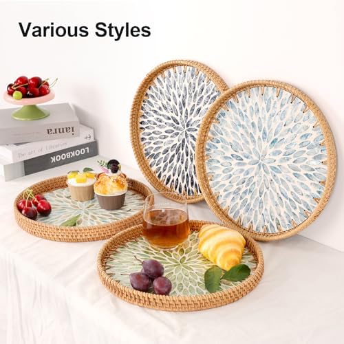 Round Rattan Tray with Mother of Pearl Inlay, Rattan Serving Tray for Coffee, Bread, Fruits, Decorative Wicker Tray for Table Decor, Home Decor, Kitchen Island Decor (Green Leaf, 11.8") - Image 3