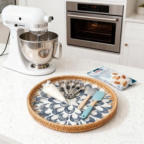13.8" Round Rattan Tray with Mother of Pearl Inlay,Wicker Coffee Table Tray - Image 7