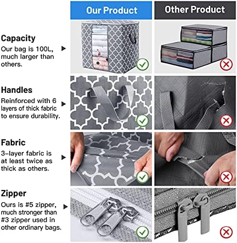 WISELIFE Storage Bags [3 Pack/100L] Large Blanket Clothes Organization and Storage Containers for Comforters,Bedding, Foldable Organizer with Reinforced Handle, Clear Window, Sturdy Zippers,Light Gray - Image 5