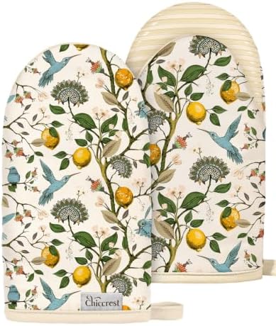 100% Thick Cotton Mini Oven Mitts Silicone Grip Lemon & Birds by chiccrest