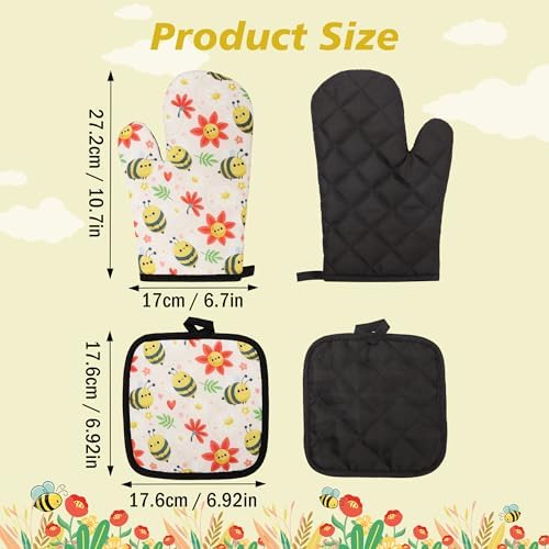 Lucleag 4 PCS Bee Oven Mitts and Potholders Set, Cute Bee Oven Mitt Pot Holders Bees Potholder Heat Resistant Non-Slip Cooking Gloves for Grilling Baking Summer Birthday Party Favor Decor - Image 2