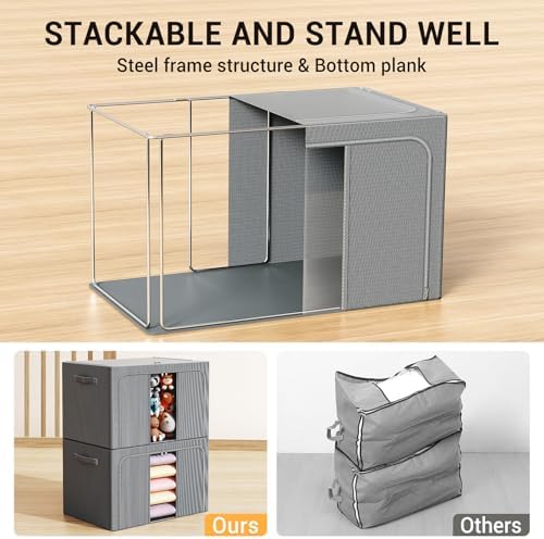 Clothes Storage Bins with Metal Frame, Foldable Clothes Organizers Storage Containers for Clothes, Sheets, Blankets, Pillows and Towels (100L, 3 Pack, Deep Grey) - Image 3