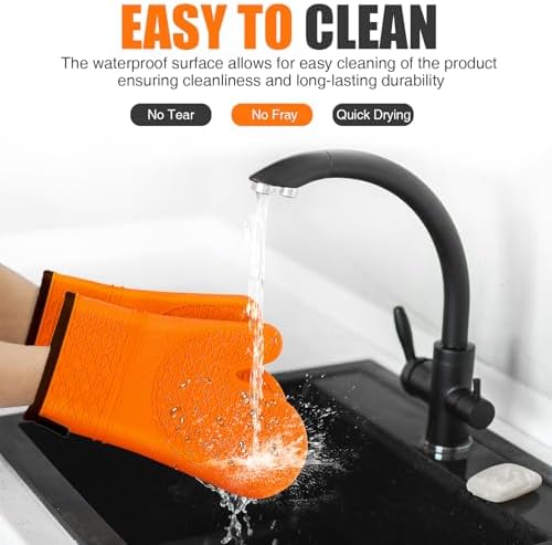 Silicone Oven Mitts, Heat Resistant 2PCS Oven Mitts with Soft Cotton Lining, Waterproof Non-Slip Grip Oven Glove, Kitchen Potholder Mits for BBQ, Baking, Cooking, 12.5 Inch - Orange - Image 5