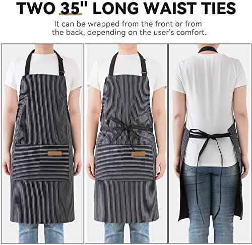 NLUS 2 Pcs Kitchen Cooking Aprons, Poly/Cotton Blend Adjustable Soft Bib Stripe Aprons with 2 Pockets for Women Men Chef (Blue Pinstripes/Black Pinstripes) - Image 6