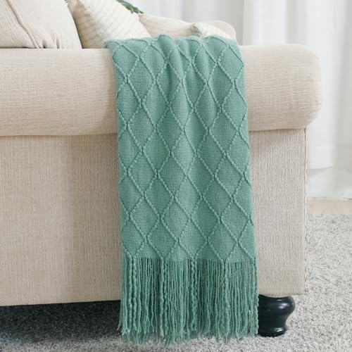 BOURINA Dark Cyan Throw Blanket 50x90 Inch Boho Knit Soft Throw Bed Blanket - Image 2