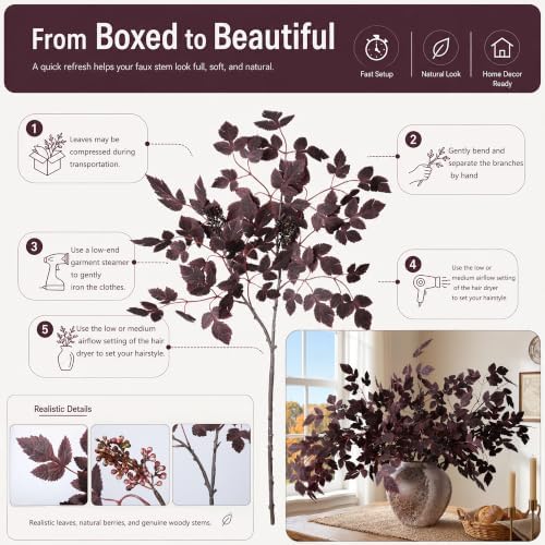 HyeFlora Artificial Cimicifuga Plant Leaf Spray Stems 4PCS Fake Greenery Branches 28.7 in Faux Leaves Real Touch Silk Plants DIY Stem for Vase Festival Home Kitchen Garden Farmhouse Decor (Burgundy) - Image 3