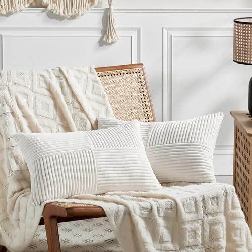 Fancy Homi Set of 2 Cream White Lumbar Decorative Throw Pillow Covers 16x26 Inch for Living Room Couch Bed, Boho Farmhouse Forest Green Home Decor, Soft Corduroy Corss Patchwork Cushion Case 65x40 cm by Fancy+Homi