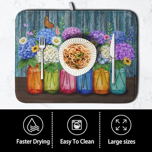 Hydrangea Dish Drying Mat Spring Summer Floral Jars Kitchen Drying Mats for Countertops Vintage Flower Vases Dish Draining Mat Microfiber Absorbent Dish Rack Pad 16x18 Inch - Image 4