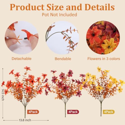 Artificial Fall Flowers Outdoor, UV Resistant Faux Mums with Eucalyptus - Image 6
