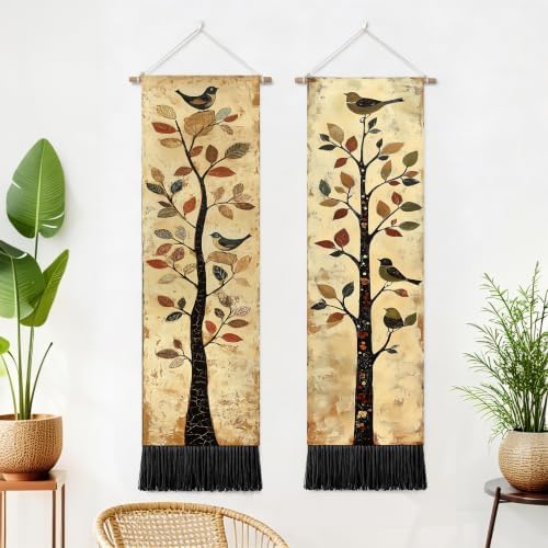 seewan 2 Pack Long Vertical Wall Tapestry, Boho Nature Landscape & Floral Aesthetic Wall Hanging for Bedroom Living Room Home Decor, Long Narrow Art Tapestry with Sunrise Mountain Botanical Designs, 13" × 51" (Vintage Bird Tree, 13"Wx51"H, Unframed) by seewan