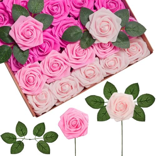InnoGear Artificial Flowers, 100 Pcs Shades of Pink Foam Fake Roses Bulk with Stems for Decoration Celebration DIY Wedding Bouquets Centerpieces Bridal Shower Party Christmas Tree by InnoGear