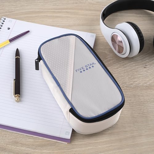 Five Star Pencil Pouch Zipper High-Capacity Storage Organizer Case for Office Supplies Earbuds Chargers Cables Makeup, Tan/Blue (500212A) - Image 6