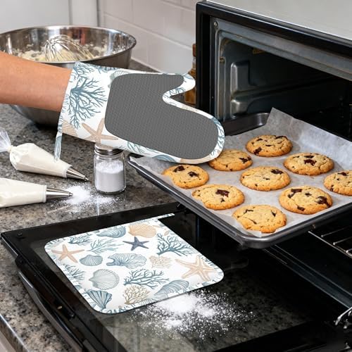 Starfish Coral Shells Ocean Silicone Oven Mitts and Pot Holders,Heat-Resistant 4 Piece Kitchen Set Non-Slip Oven Gloves and Hot Pads for Cooking, Baking, Grilling,BBQ - Image 4