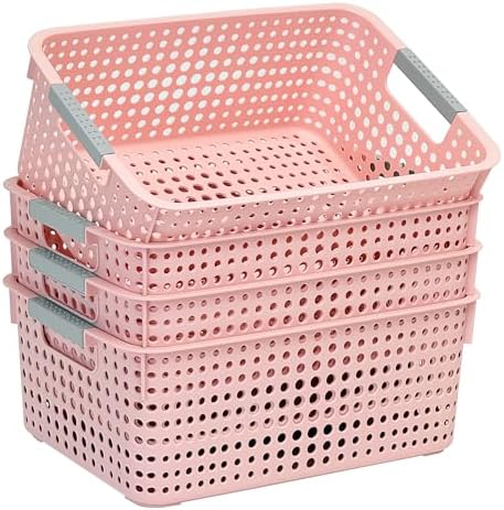 Soddeph 4-Pack Hollow Plastic Storage Baskets with Handles (Pink, Medium) by Soddeph