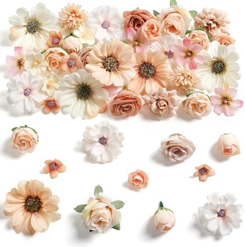 rongflower Mini Artificial Flowers for Crafts, 45 Pcs Nude Color Silk Fake Flowers Assorted Faux Roses Peonies Daisies Bulk for Wedding Decor Graduation Cap Cake Topper Home DIY by rongflower