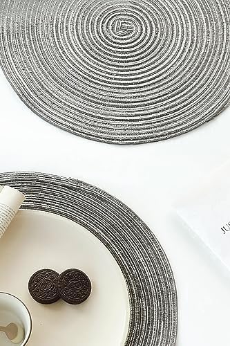 Floroom 15 Inch Round Braided Placemats Set of 4, Washable Heat Resistant Cotton Polyester Circle Place Mats for Kitchen Dining Table - Mist Grey - Image 5