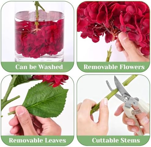 Yastouay 4 Pcs Real Touch Hydrangea Artificial Flowers, Deep Red - Image 7
