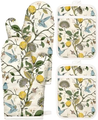 Miss Adola Cotton Oven Mitts and Pot Holders Sets, Lemon Songbird by MissAdola