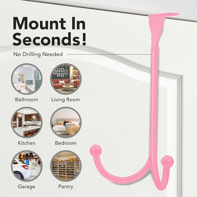 2-Pack Over The Door Hooks - with 2 Hang Heads & Snug Fit Pads Heavy Duty Hook for Hanging Coats, Towels, Caps & Robes - Elegant Matt Finish - No Drill Hanger Organizer - Pink - Image 3
