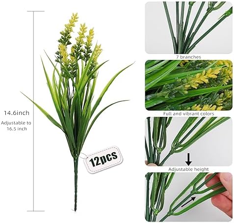 RECUTMS 12 Bundles Artificial Grass Fake Plants Outdoor Yellow Fake Grass - Image 2