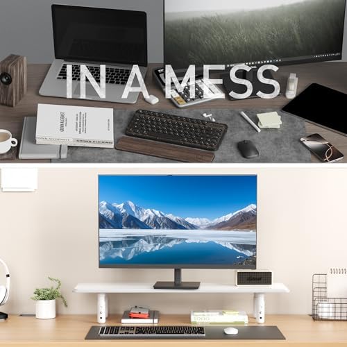 AFOOYO Dual Monitor Stand for Desk, Adjustable Height Wood Computer Riser, Ergonomic Monitor Shelf for Laptop, Printer, TV, Black - Large Storage Space, Sturdy Desk Organizer for Home & Office,White - Image 6